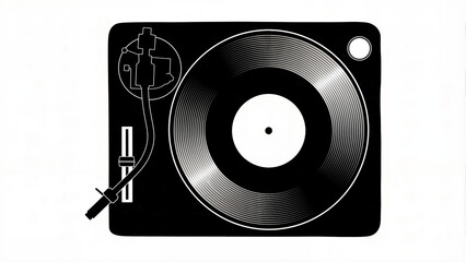 Stylized black and white illustration of a vintage record turntable