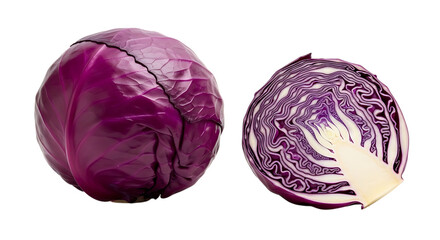 Fototapeta premium Whole and halved red cabbage isolated on transparent background
