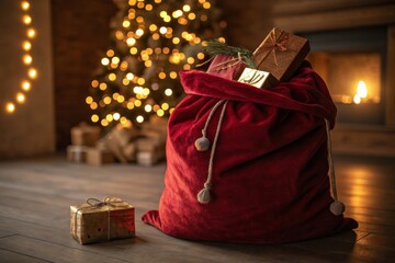 Red velvet Santa sack filled with gifts and Christmas tree lights