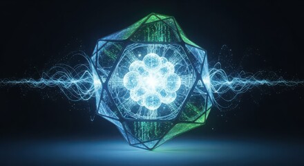 Glowing geometric crystal structure with internal glowing spheres and energy waves abstract light