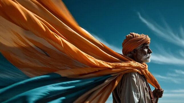 Proud Indian Farmer Elder in Saffron Turban with Dramatic Flowing Fabric