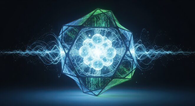 Glowing geometric crystal structure with internal glowing spheres and energy waves abstract light