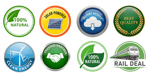 Fototapeta premium Comprehensive Environmental and Quality Assurance Vector Badge Set Trusted Partner, Clean Energy, Instant Access, Solar Powered, and 100% Natural Stickers for Product Labeling.