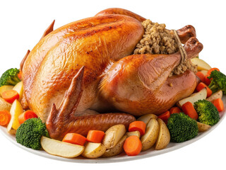 Roasted turkey with stuffing and vegetables isolated on transparent background