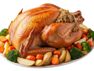 Roasted turkey with stuffing and vegetables isolated on transparent background