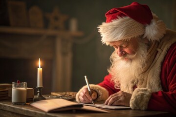 Santa Claus in red suit writing in journal by candlelight