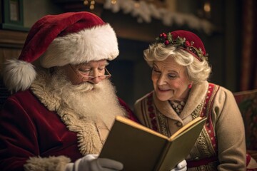 Santa Claus reading a storybook with Mrs Claus at Christmas