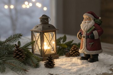 Santa figurine standing beside a glowing lantern during winter