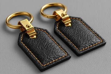 Elegant black leather keychains with gold hardware and detailed stitching offer a touch of luxury for car or house keys.