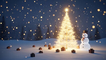 Enchanting Christmas scene with glowing tree, friendly snowman, and scattered gifts in a winter wonderland sparking holiday cheer and festive spirit