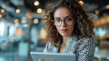 Focused Professional Portrait: A portrait of a woman with captivating eyes holding a digital tablet, set in a dynamic modern workspace.
