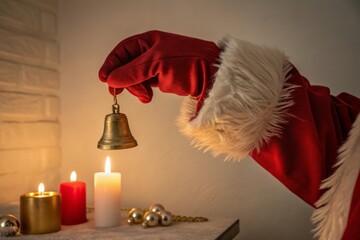 Santas red gloved hand holding a golden Christmas bell