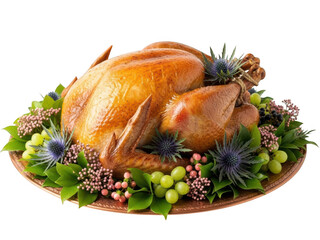 Roasted turkey garnished with grapes and flowers isolated on transparent background