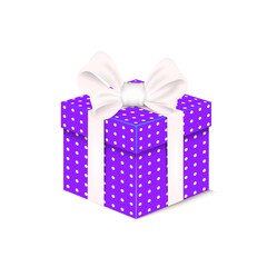 Purple gift box with white ribbon and polka dots. Elegant festive packaging for celebration and special occasions.