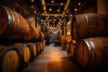 Fototapeta premium Warm, atmospheric cellar filled with large wooden barrels, illuminated by strings of glowing lights. Rustic space creates cozy ambiance, highlighting textures of aged wood, industrial metal pipes.
