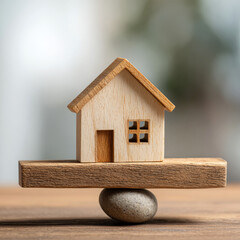 Small wooden house model balanced on the edge of a table in a minimalist and modern setting