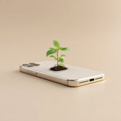 Growth from technology as nature emerges from a smartphone in a clean, modern setting