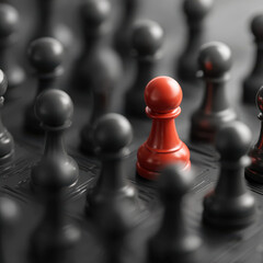 Bright red pawn stands out among grey chess pieces in a clean and modern setting, symbolizing individuality and uniqueness