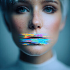 Close-up portrait featuring digital glitch effect symbolizing silence and censorship in bright, minimalistic professional setting