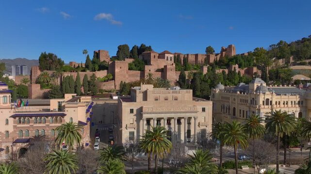 Malaga Park, Parque de Malaga and City hall, Ayuntamiento de Malaga, Aerial. Autonomous community of Andalusia, Spain