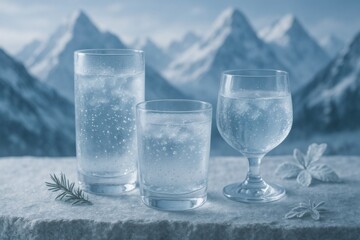 Three glasses of sparkling water with mountains in the background scenery view