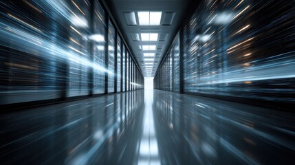 Fototapeta premium High-Tech Data Center Corridor with Blurred Light and Modern Design, Reflective Floor and Glass Panels Creating Futuristic Atmosphere of Technology