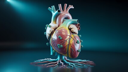 Detailed anatomical human heart model with branching roots on dark background
