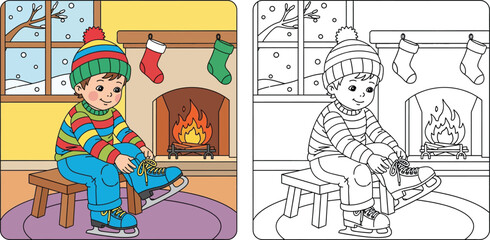 Coloring book page for kids with color reference. Cute boy putting on ice skates near fireplace with Christmas stockings. Winter holiday activity vector illustration.