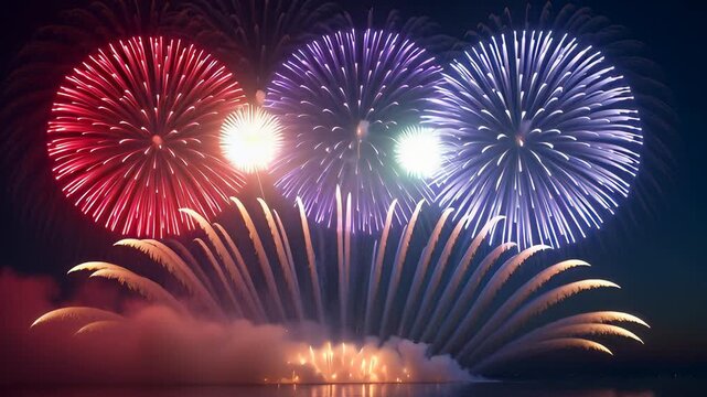 Spectacular colorful fireworks grand finale bursting over dark water with reflections during a night celebration, ideal for holiday backgrounds