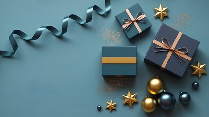 Elegant gift boxes with ribbons and ornaments arranged on blue background
