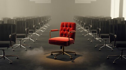 Red office chair standing out among rows of black chairs in workplace scene
