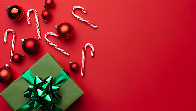 A festive Christmas flat lay with candy canes and a green gift box with a large bow on a red background.