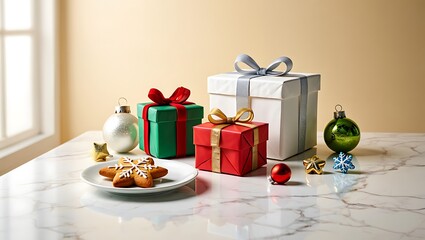 Arrangement of Wrapped Presents with Ribbons and Festive Ornaments on Marble Table Festive Still Life with Golden Accents and Cookies Placed on Plate