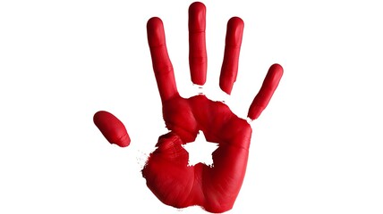 Red painted handprint isolated on clean white background
