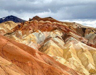 Colorful hills with layered textures beneath a cloudy sky. Volcanic landscape of striated earth tones, rugged terrain