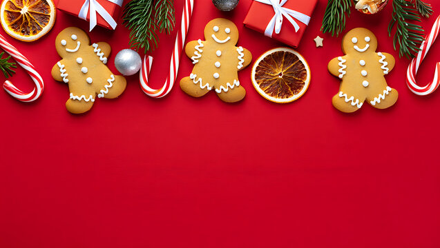 A cheerful Christmas background with a bottom border of gingerbread cookies, candy canes, and spices on a red surface.