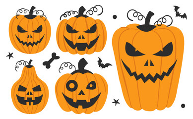 A Collection of Halloween Pumpkins and Spooky Elements on a Transparent Background