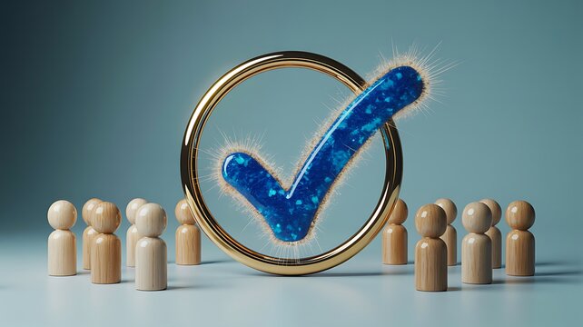 Blue glowing checkmark symbol surrounded by wooden human figures
