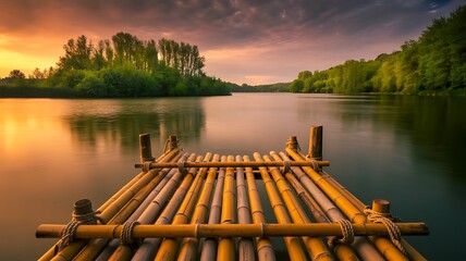 Bamboo raft floating on calm lake during peaceful sunrise

