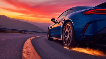 Blue sports car drifting on curved road during dramatic sunset
