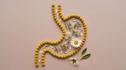 Creative stomach shape made with pills and herbs representing digestive health
