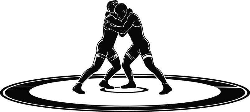 Two wrestlers grappling on a mat black and white graphic, wrestling, wrestlers, sport, grappling, competition, mat, wrestling ring, athletic, action, silhouette, black and white, graphic, illustration