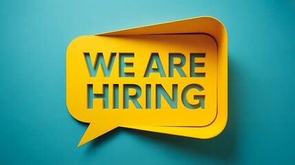 We are hiring recruitment message in yellow speech bubble on blue background
