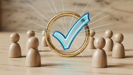 Leadership and approval concept with wooden figures and glowing checkmark

