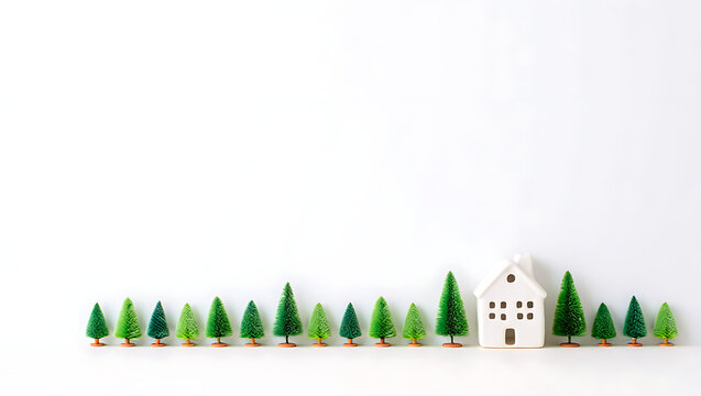 A minimalist winter scene with a row of small model trees and a single house on a white background.