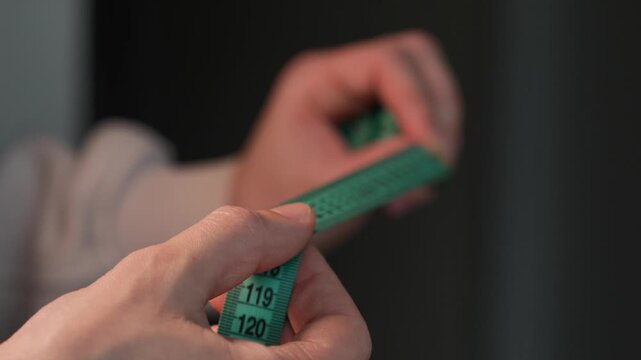 Green tape measure for body measurements.
A long measuring tape in the hands of an athlete.
A person stretches a measuring tape lengthwise.