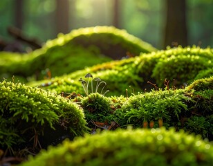 Close-up of vibrant green moss-covered forest floor with small mushroom sprouts, illuminated by soft sunlight
