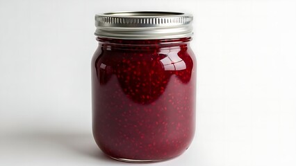Clear glass jar filled with thick, vibrant red raspberry jam and visible seeds, topped with a silver metal lid.