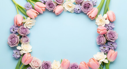 Floral frame of pink tulips, lavender roses, and white daffodils on a light blue background surface ai generated