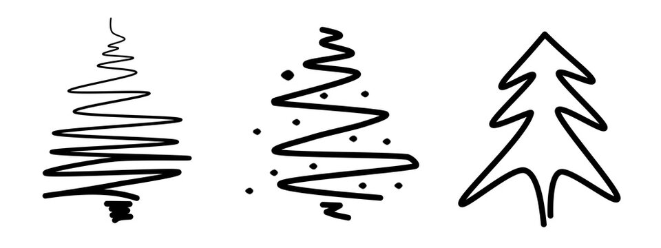christmas tree made of ribbon, illustration set of christmas trees, hand-drawn scribble in doodly style isolated